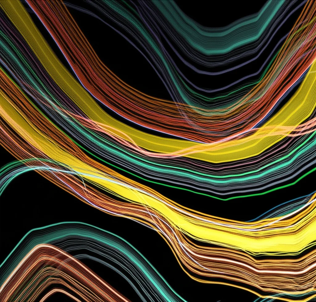 Visualizzazione astratta di tre grafici di funzioni di perdita (loss functions) che convergono verso un minimo, rappresentati come valli luminose in un paesaggio montuoso digitale. Obiettivo grandangolare 18mm, lunga esposizione per linee di luce fluide, colori vibranti per distinguere le funzioni.