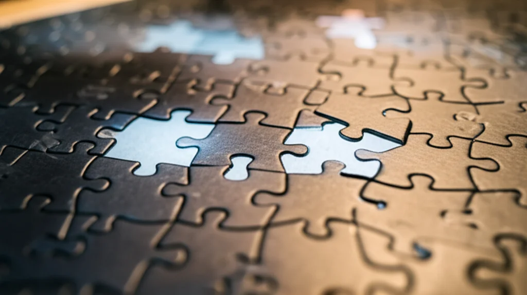 Fotografia di un puzzle complesso quasi completato, con gli ultimi pezzi (rappresentanti i moduli DAP, BiDS, CTIM) che vengono inseriti. Obiettivo 50mm prime, profondità di campo ridotta per focalizzarsi sui pezzi chiave, luce calda e soffusa.