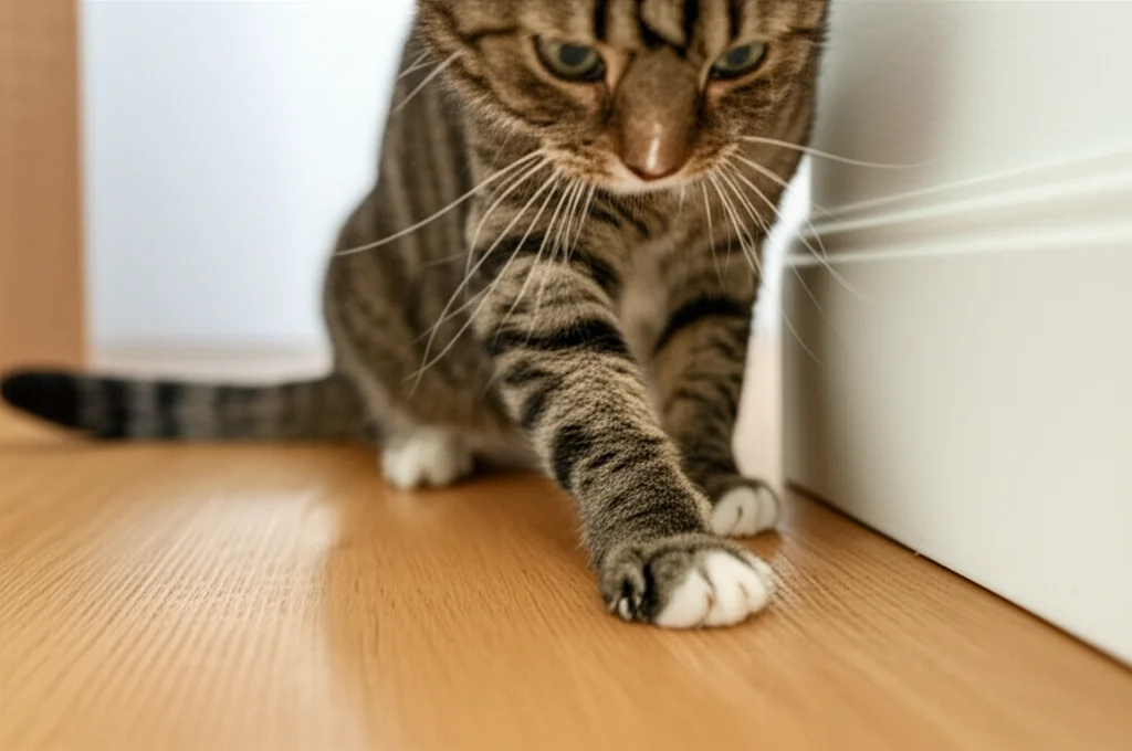 Un gatto domestico che gioca, con un focus sulle sue zampe e artigli retratti ma visibili, per simboleggiare il potenziale pericolo. Telephoto zoom, 150mm, fast shutter speed, action tracking per catturare il movimento naturale del gatto in un ambiente domestico.