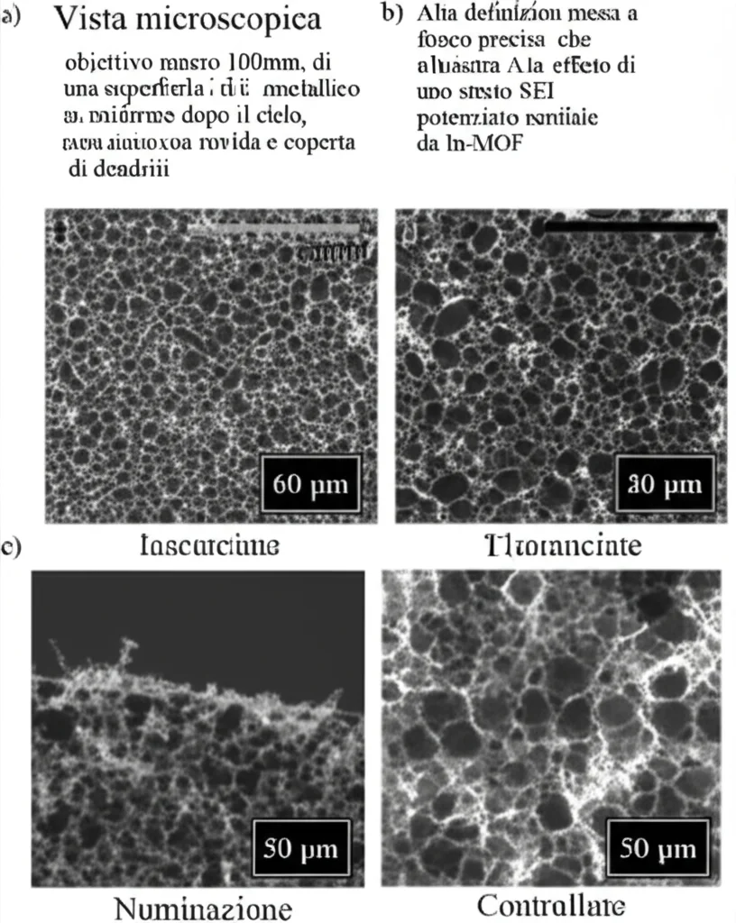 Vista microscopica, obiettivo macro 100mm, di una superficie di litio metallico liscia e uniforme dopo il ciclo, contrastata con una superficie ruvida e coperta di dendriti. Alta definizione, messa a fuoco precisa, che illustra l'effetto di uno strato SEI potenziato da In-MOF. Illuminazione controllata per evidenziare la tessitura superficiale.