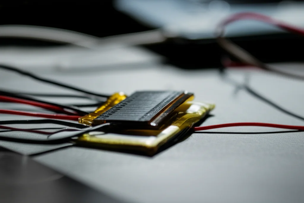 Still life, obiettivo macro 60mm, di una batteria pouch cell flessibile che alimenta una piccola matrice di LED, con un angolo della batteria leggermente piegato per mostrare la flessibilità. Alta definizione, messa a fuoco precisa, illuminazione controllata soffusa per creare un'estetica pulita e tecnologica.