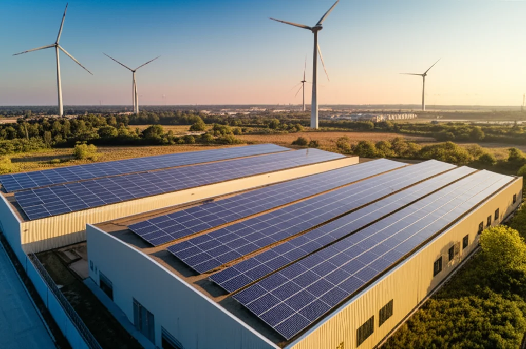 Un paesaggio industriale tessile trasformato, con pannelli solari sui tetti delle fabbriche, turbine eoliche in lontananza e aree verdi rigogliose intorno agli stabilimenti, simboleggiando un futuro sostenibile per l'industria, obiettivo grandangolare 18mm, luce del tardo pomeriggio per un effetto dorato, lunga esposizione per nuvole setose.