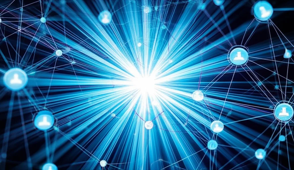 Visualizzazione astratta di un network di apprendimento federato. Un nodo server centrale luminoso è connesso a molteplici nodi client più piccoli e diversificati, che scambiano informazioni (non dati grezzi). L'immagine dovrebbe evocare collaborazione, sicurezza e intelligenza distribuita. Obiettivo grandangolare, 10mm, lunga esposizione per scie luminose che rappresentano il flusso di informazioni, focus nitido sui nodi.