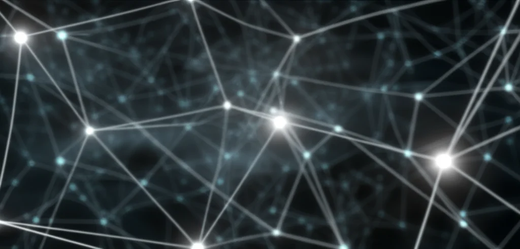 Visualizzazione astratta di una rete neurale complessa con nodi luminosi e connessioni, che elabora flussi di dati simili a quelli provenienti da un esperimento di fisica delle particelle. Macro lens, 60mm, high detail, precise focusing, controlled lighting.