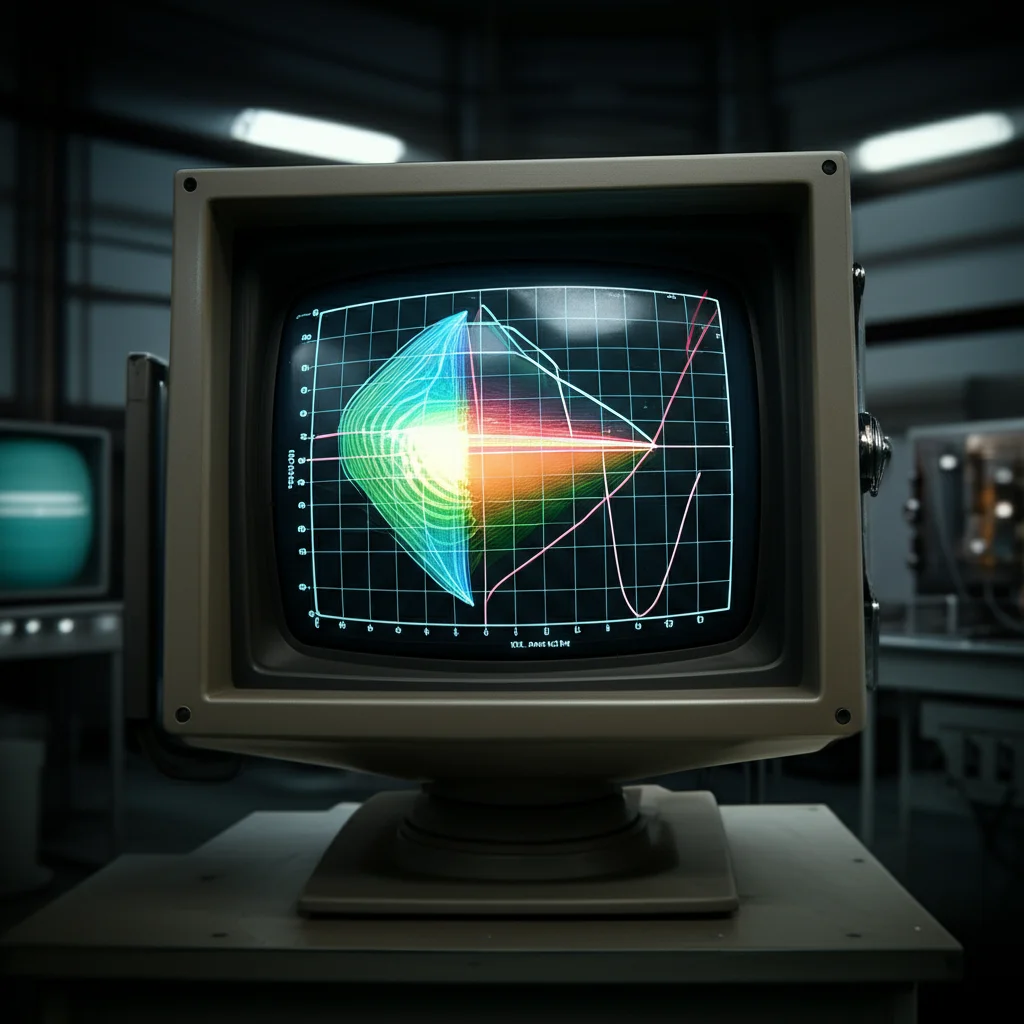 Grafico complesso tridimensionale che mostra le correlazioni tra diversi Fattori di Forma di Compton, visualizzato su uno schermo futuristico in un laboratorio di ricerca. Prime lens, 35mm, film noir style, depth of field.