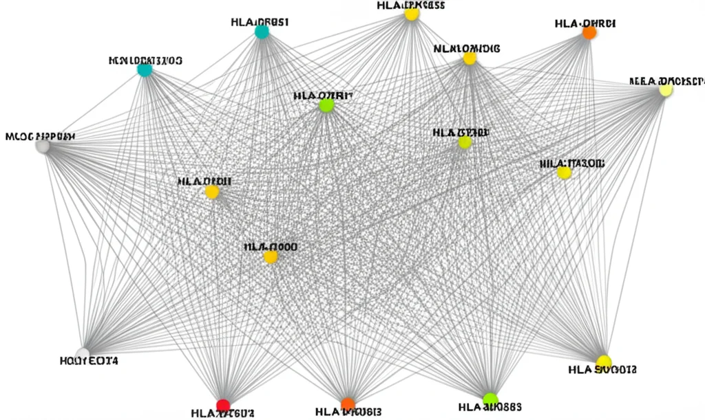 Rappresentazione grafica di una rete di interazione proteica (PPI) con geni hub come HLA-DPB1, CD74, CTSH e HLA-DRB5 evidenziati. Connessioni colorate indicano diverse interazioni. Obiettivo macro 100mm, alta definizione, illuminazione controllata per un aspetto pulito e scientifico.
