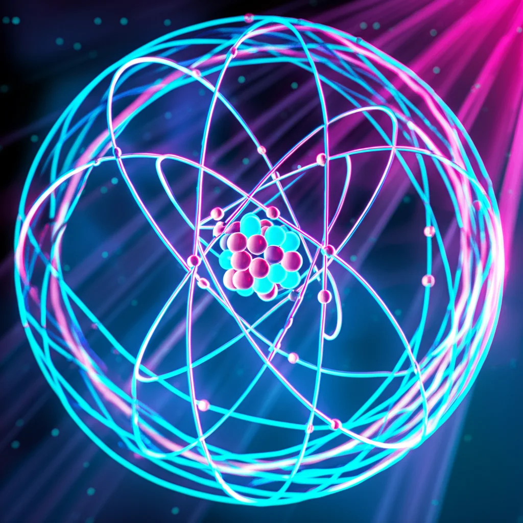 Visualizzazione artistica di un protone semi-trasparente con quark e gluoni stilizzati al suo interno, circondato da flussi di dati astratti che rappresentano l'analisi AI. Prime lens, 35mm, depth of field, duotone (cyan and magenta).