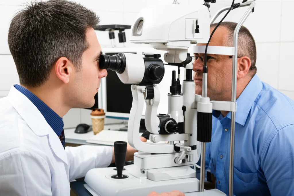 Fotografia realistica di un oftalmologo che esamina l'occhio di un paziente utilizzando un tomografo a coerenza ottica (OCT) avanzato. L'ambiente è una clinica moderna e ben illuminata. Obiettivo macro, 60mm, alta definizione, messa a fuoco precisa sulla macchina e sull'occhio del paziente, illuminazione controllata per evidenziare i dettagli tecnologici.