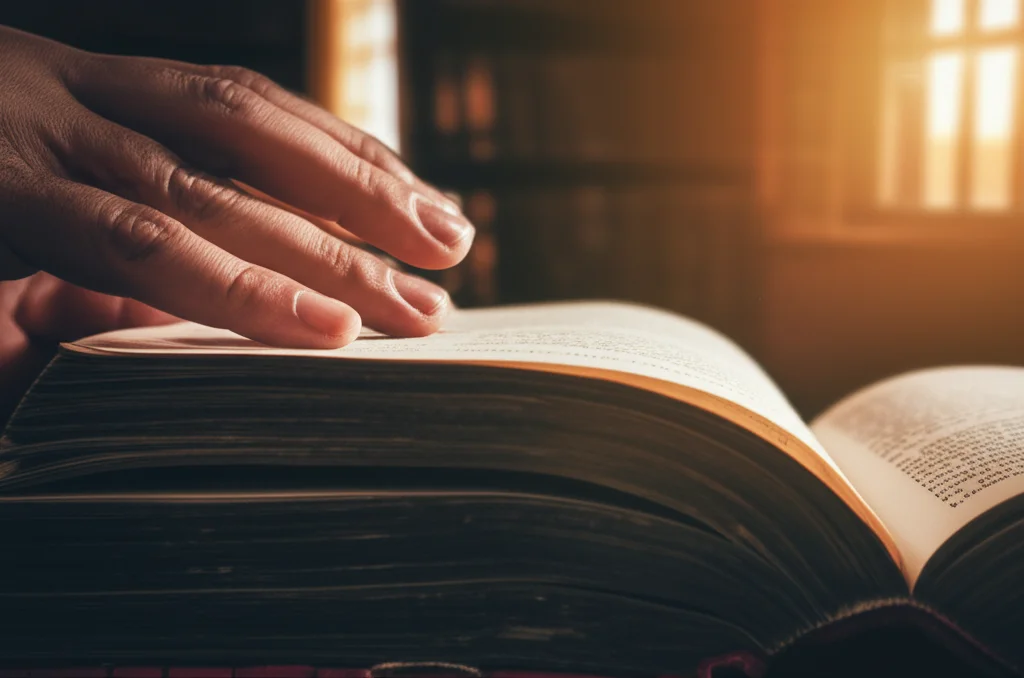 Una mano che sfoglia un libro antico in una biblioteca silenziosa, con luce che filtra da una finestra. Macro lens, 90mm, high detail, precise focusing. Accanto, una coppia di sposi che si tiene per mano al tramonto, simboleggiando l'impatto di istruzione e relazioni sulla pace interiore.