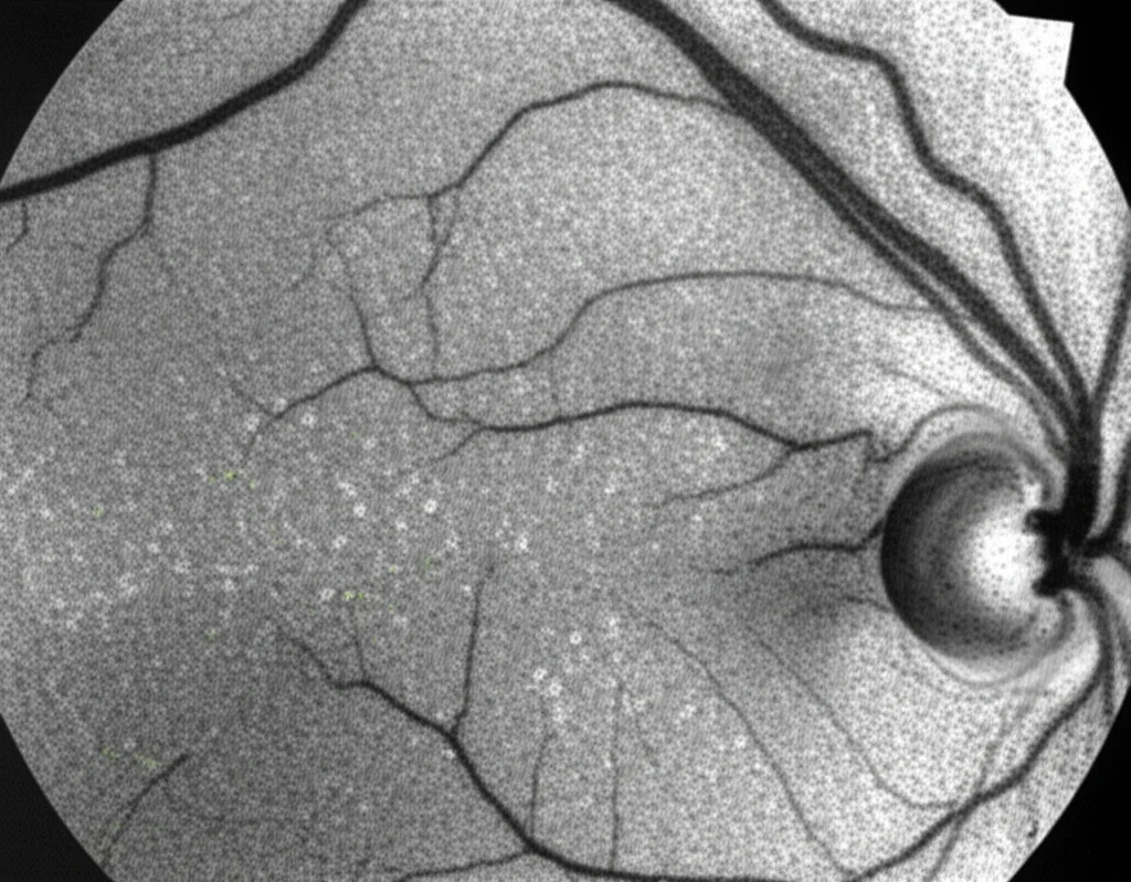 Immagine macro altamente dettagliata di strati retinici umani visualizzati tramite OCT, con evidenza di microtrombi nei capillari. Illuminazione controllata per enfatizzare le strutture vascolari e le alterazioni patologiche. Obiettivo macro, 100mm, alta definizione, messa a fuoco precisa.
