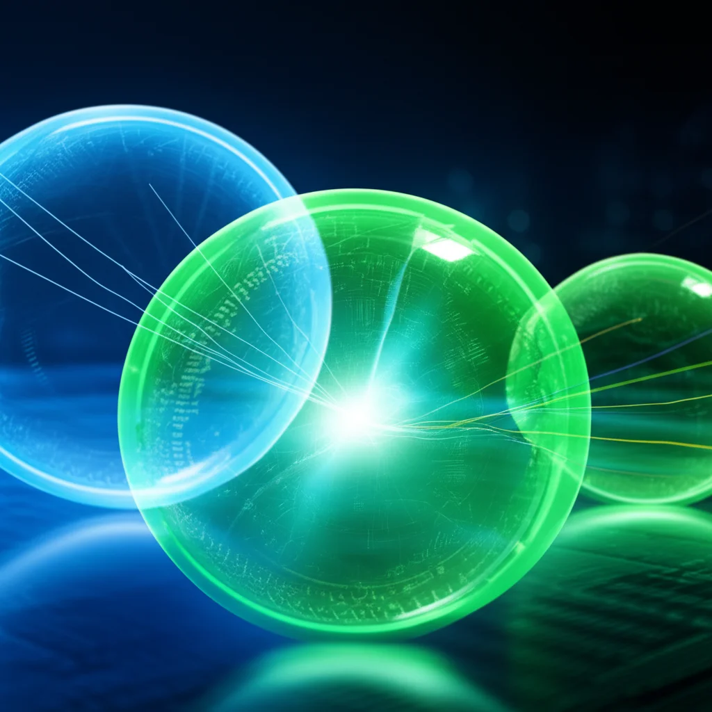 Visualizzazione astratta di tre sfere luminose interconnesse (blu per fiducia statica, verde per dinamica, gialla per energetica) che convergono verso un nodo centrale luminoso simboleggiante il valore di fiducia TOPSIS, sfondo scuro high-tech, obiettivo 50mm prime, profondità di campo per mettere a fuoco il nodo centrale.