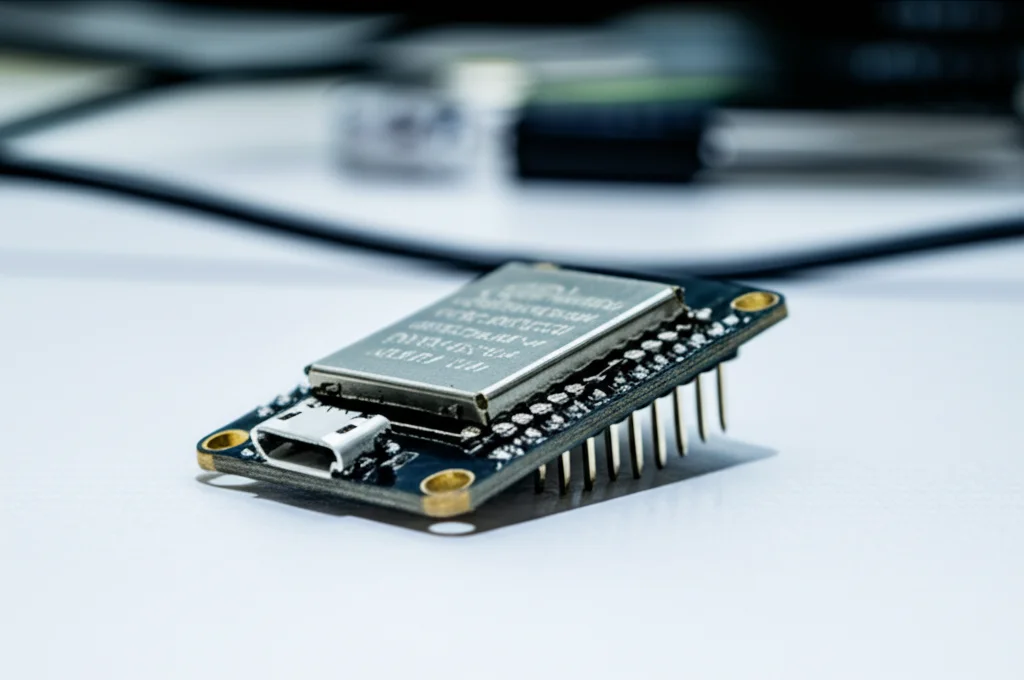 Fotografia macro di un modulo ESP32, con dettagli precisi dei suoi componenti elettronici, illuminazione controllata per evidenziare i pin e il microchip. L'ESP32 è posizionato su un tavolo da laboratorio con alcuni cavi di collegamento visibili sullo sfondo, creando una profondità di campo. Obiettivo macro 60mm, alta definizione.