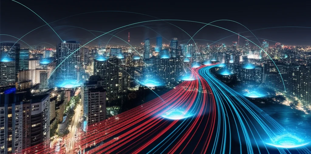 Skyline futuristico di una smart city di notte con flussi di dati luminosi che collegano edifici e infrastrutture, alcuni flussi rossi (malintenzionati) vengono bloccati da scudi energetici blu (meccanismo di fiducia), fotografia grandangolare 18mm, lunga esposizione per scie luminose fluide, messa a fuoco nitida.