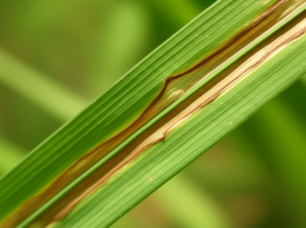 Fotografia macro di una foglia di riso con evidenti lesioni scure a forma di diamante, tipiche dell'infezione da Magnaporthe oryzae. In primo piano, la lesione è ben a fuoco, mostrando la progressione della malattia. Sfondo leggermente sfocato per enfatizzare il soggetto. Illuminazione controllata da laboratorio, obiettivo macro 60mm, alta definizione.