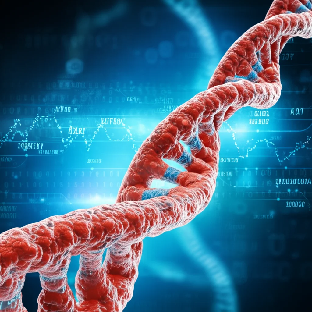Visualizzazione 3D fotorealistica di un cromosoma completo, da telomero a telomero, con la doppia elica di DNA chiaramente visibile e intatta. Sullo sfondo, grafici e dati genomici astratti fluttuano, a simboleggiare l'analisi bioinformatica. Illuminazione high-tech, obiettivo macro 100mm per dettaglio sulla struttura del DNA.