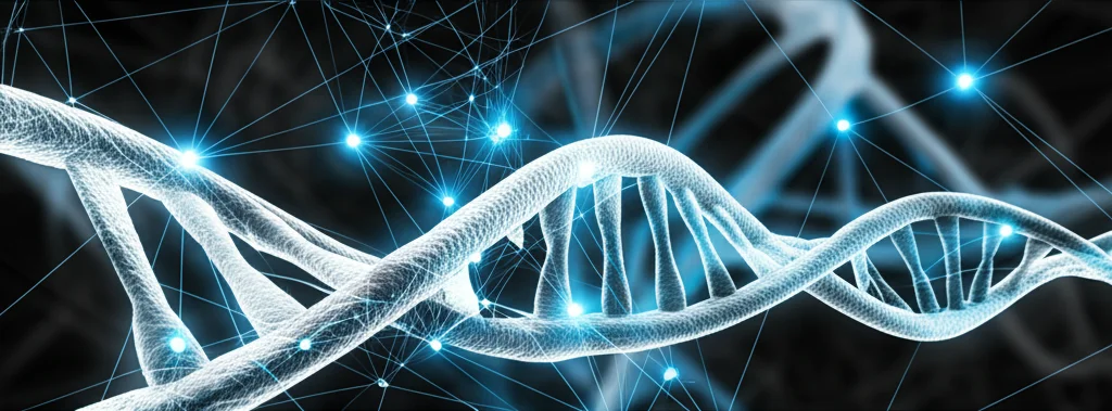 Visualizzazione astratta di una rete neurale complessa con nodi luminosi interconnessi, che simboleggia gli algoritmi di machine learning. Sullo sfondo, filamenti di DNA stilizzati. Obiettivo prime 35mm, bianco e nero con un singolo colore acceso (es. blu elettrico) per evidenziare i percorsi neurali, profondità di campo.