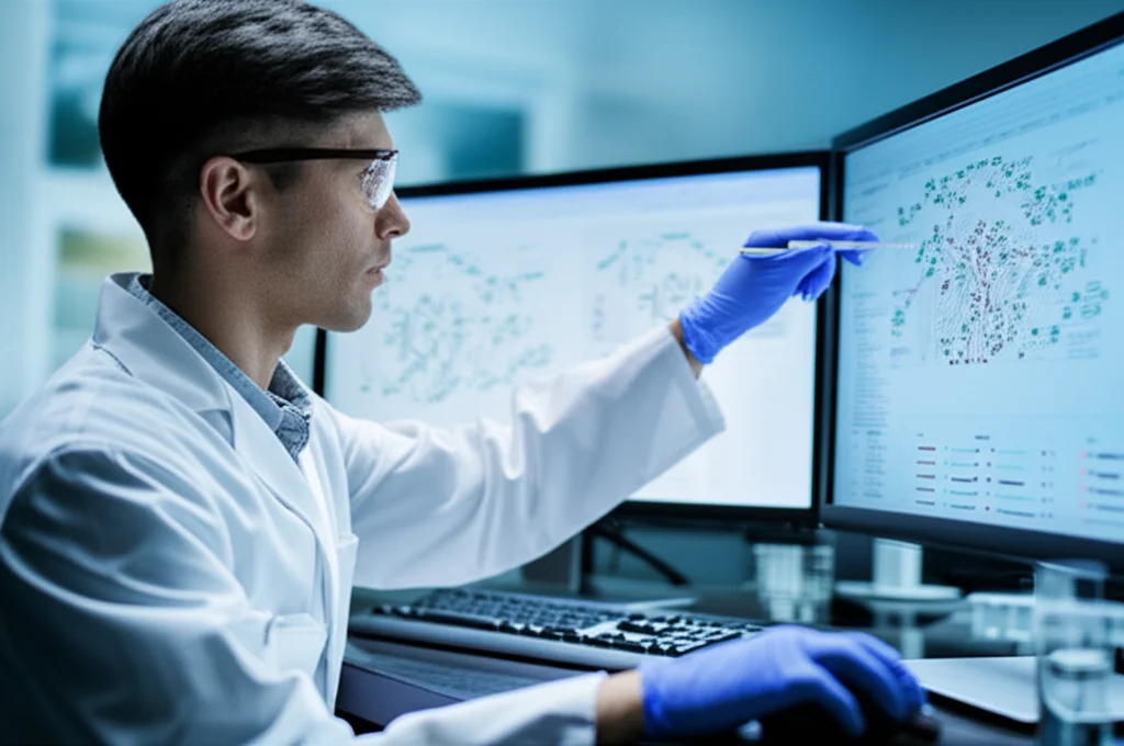 Fotografia di un ricercatore in un laboratorio di genomica che analizza sequenze di DNA su un computer, con grafici di alberi filogenetici visibili sullo schermo, profondità di campo, obiettivo 35mm, toni freddi blu e grigi.