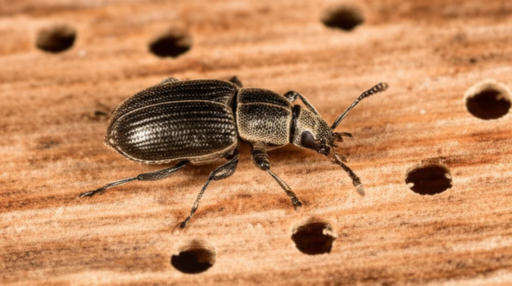Macro fotografia di un coleottero scolitide, come un Ips typographus, sulla corteccia di un pino, con evidenti fori d'entrata delle gallerie. Obiettivo macro 105mm, illuminazione controllata per massimizzare i dettagli dell'insetto e della texture legnosa, alta definizione.