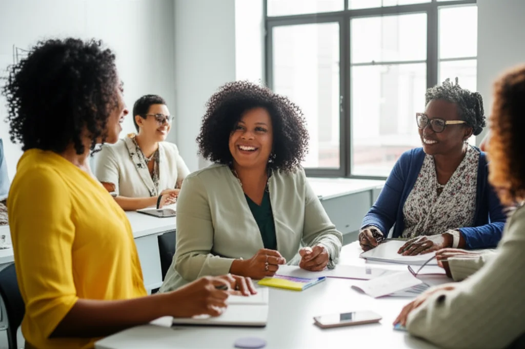 Ritratto fotografico di un gruppo eterogeneo di donne BIPOC docenti universitarie in un ambiente accademico moderno e luminoso, discutono collaborativamente. Obiettivo da 35mm, toni caldi e accoglienti, profondità di campo per mettere a fuoco le espressioni.