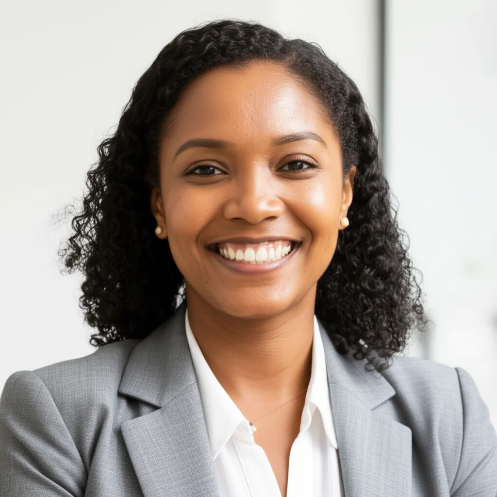 Una donna BIPOC docente sorride con fiducia durante una sessione di coaching o un workshop sul benessere, in un ambiente accogliente. Fotografia di ritratto, obiettivo da 50mm, luce naturale soffusa, colori vivaci ma non saturi, espressione di empowerment.