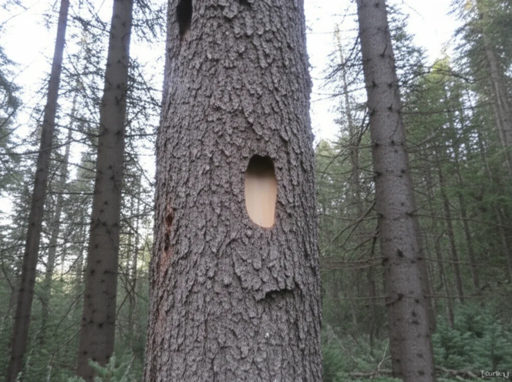 Una foresta di conifere con alcuni alberi che mostrano segni di infestazione da scolitidi, come ingiallimento degli aghi e piccoli fori sulla corteccia. Obiettivo grandangolare 24mm per catturare l'ampiezza della foresta e l'impatto degli insetti, luce naturale del tardo pomeriggio, messa a fuoco nitida sull'intera scena.