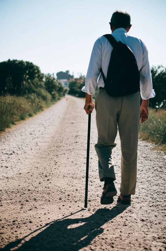 Un primo piano di piedi che camminano con difficoltà su un sentiero, uno con un bastone da passeggio. Obiettivo da 50mm con profondità di campo ridotta per focalizzare l'attenzione sulla difficoltà del movimento, illuminazione naturale del tardo pomeriggio per un'atmosfera riflessiva.