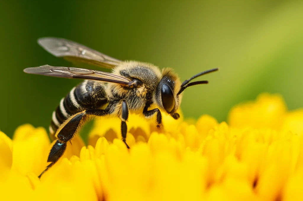 Macro fotografia, obiettivo 100mm, di un'ape solitaria ricoperta di polline su un fiore giallo brillante di colza in un campo agricolo. Elevata definizione dei dettagli, messa a fuoco precisa sull'ape e sui pistilli del fiore, illuminazione naturale controllata che crea un leggero effetto bokeh sullo sfondo verde e giallo. L'immagine cattura la laboriosità dell'impollinazione.