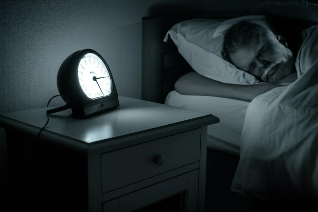 Persona che dorme in una camera da letto con finestra sulla città illuminata di notte, un fonometro sul comodino indica un livello di rumore moderato. L'immagine dovrebbe trasmettere un senso di sonno disturbato. Prime lens, 35mm, depth of field, duotone blu scuro e grigio per un'atmosfera notturna e leggermente clinica.