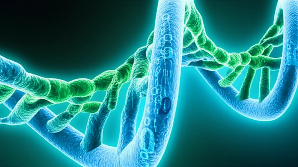 Primo piano di una doppia elica di DNA astratta e luminosa, con codici binari digitali sovrapposti, lente macro 90mm, illuminazione da studio controllata, alta definizione, colori blu e verde neon.