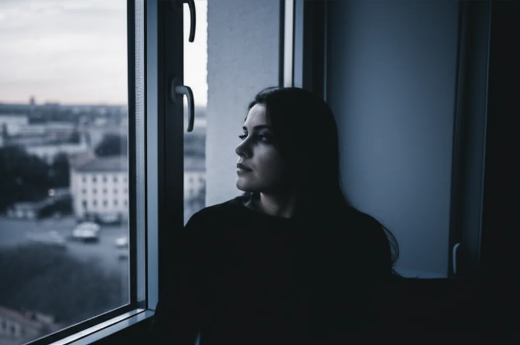 Una persona seduta vicino a una finestra guarda fuori con espressione pensierosa, simboleggiando la salute mentale. Fotografia con obiettivo da 35mm, utilizzando la luce naturale della finestra per creare un'atmosfera intima e un leggero effetto duotone blu e grigio per trasmettere introspezione.