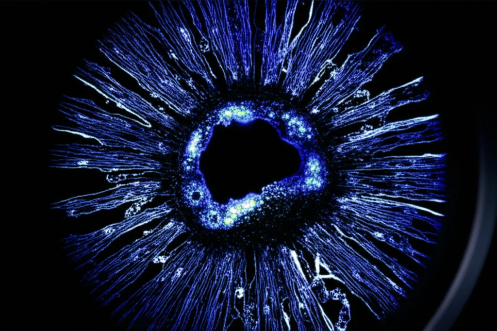 Microscopia ad alta risoluzione di cellule di Leydig testicolari, alcune mostrano marcatori di senescenza (colorazione bluastra SA-β-gal), con un focus preciso e illuminazione controllata per evidenziare i dettagli cellulari. Macro lens, 100mm, high detail.
