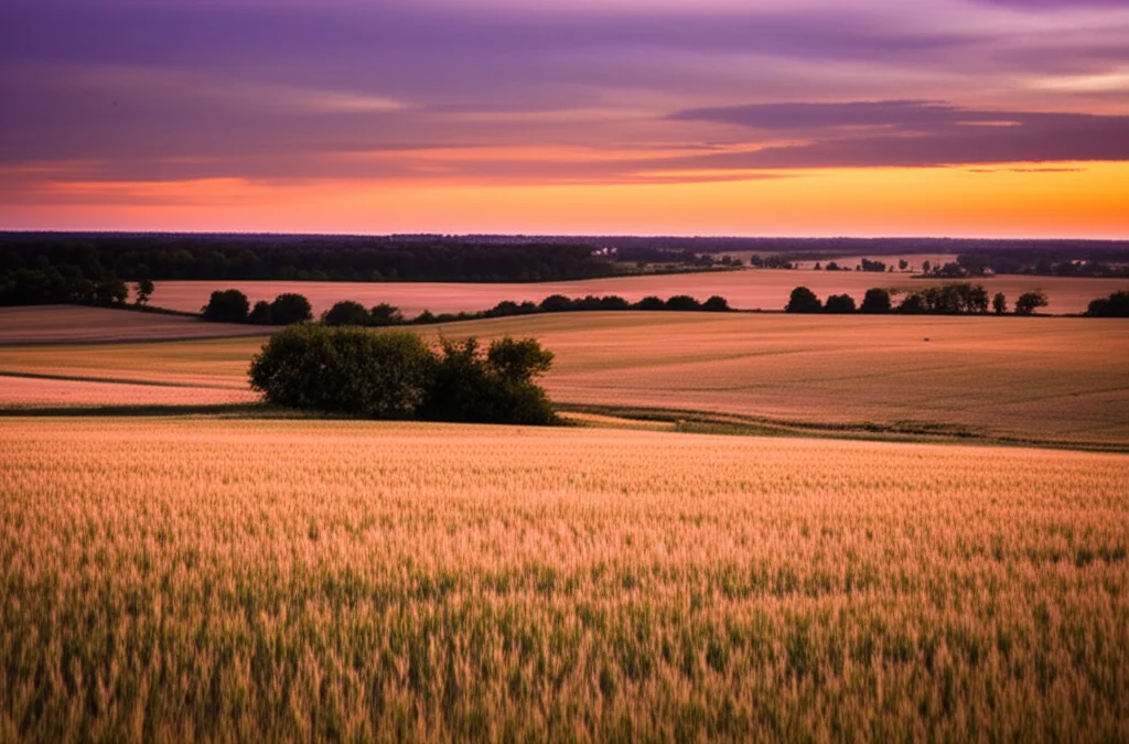 Un paesaggio agricolo europeo al tramonto, ripreso con un obiettivo grandangolare da 20mm. In primo piano, un campo di grano dorato si estende verso l'orizzonte, dove si intravedono filari di alberi e piccole macchie di habitat seminaturale. Il cielo è tinto di arancione e viola. Lunga esposizione per cogliere la vastità e la bellezza del paesaggio, simboleggiando la scala a cui l'uso del suolo opera. Messa a fuoco nitida su tutto il campo.