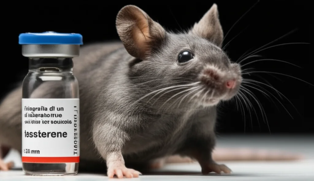 Fotografia di un topo di laboratorio anziano in un ambiente controllato, con un focus sull'area testicolare e una fiala di testosterone accanto per confronto, illuminazione da studio. Prime lens, 35mm, depth of field.