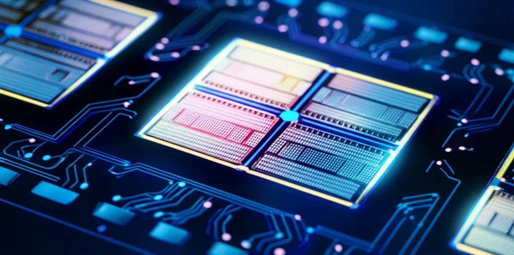 Primo piano di un chip fotonico al silicio, illuminato con precisione per evidenziare i micro-anelli modulatori (MRM) e gli interferometri di Mach-Zehnder (MZI); macro lens, 90mm, high detail, controlled lighting, con riflessi bluastri che suggeriscono l'uso della luce per il calcolo.