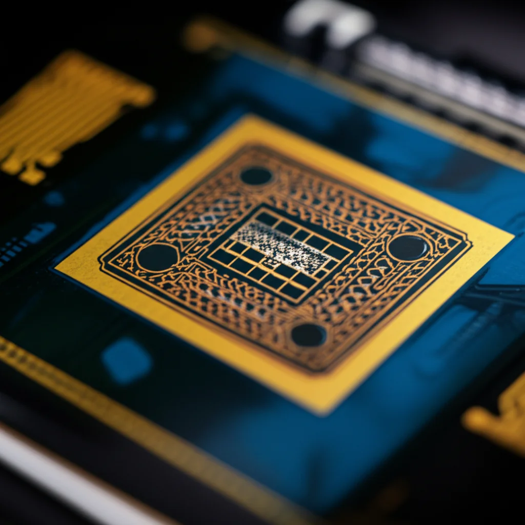 Visualizzazione 3D di un chip fotonico complesso con percorsi di luce interconnessi che formano interferometri e anelli risonanti, simboleggiando una macchina di Ising ottica; macro lens, 70mm, high detail, precise focusing, controlled lighting, con un focus selettivo su un'unità OEC.