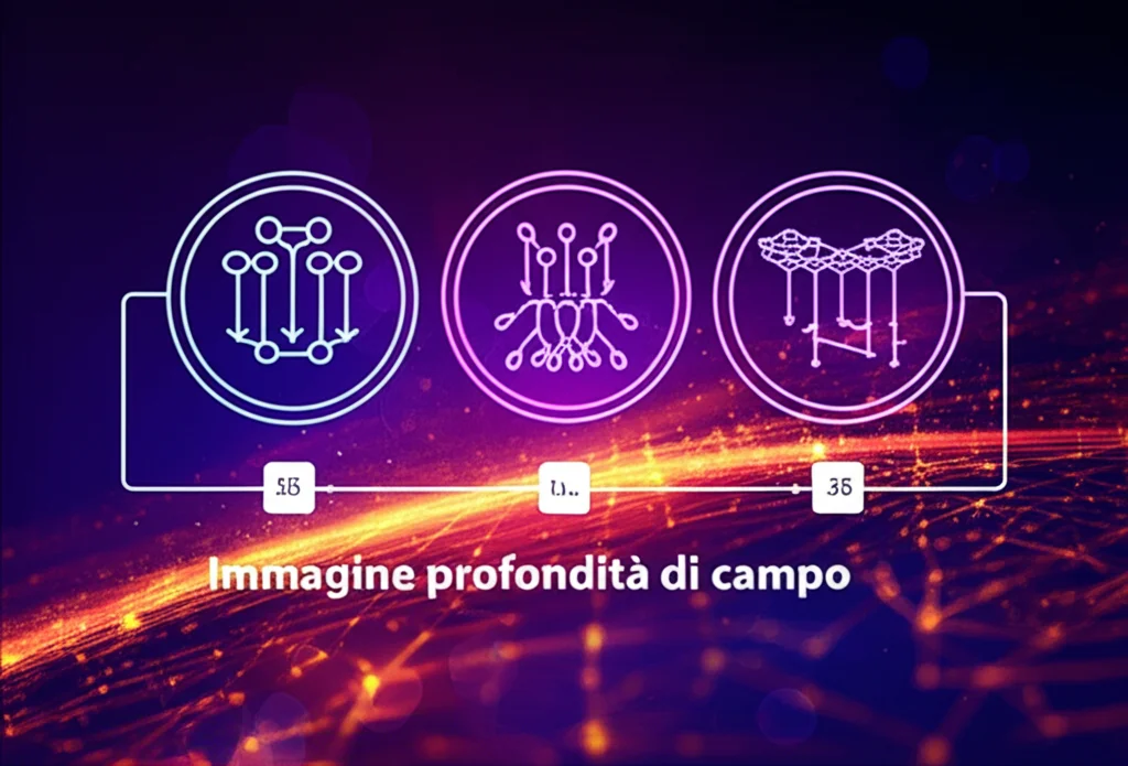 Immagine concettuale, lente primaria, 35 mm, profondità di campo. Tre icone distinte e luminose della rete neurale (U-Net, residuo ricorsivo, attenzione di Fourier) di alimentazione in un'icona di rete centrale più ampia e complessa che rappresenta l'ensemble di trasformatore. Lo sfondo è una rappresentazione stilizzata e astratta di dati cellulari o spettri di frequenza. Duotone, viola elettrica e arancione brillante.
