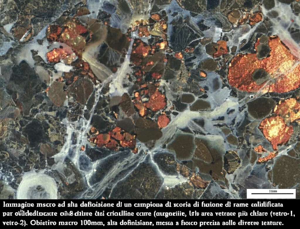 Immagine macro ad alta definizione di un campione di scoria di fusione di rame solidificata, con illuminazione controllata per evidenziare le diverse fasi cristalline scure (magnetite, fayalite) e le aree vetrose più chiare (vetro-1, vetro-2). Obiettivo macro 100mm, alta definizione, messa a fuoco precisa sulle diverse texture.