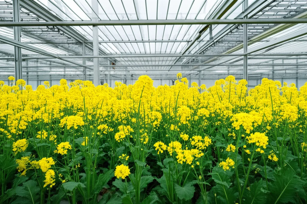Piante di Brassica napus (colza) in crescita rigogliosa all'interno della IPK PhenoSphere, illuminazione artificiale che simula la luce solare, obiettivo grandangolare 24mm per catturare l'ambiente controllato, dettagli nitidi delle foglie e dei primi baccelli in via di sviluppo.