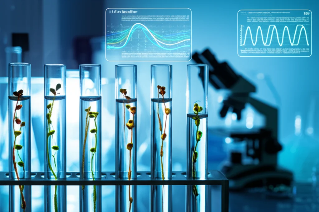 Immagine stilizzata di un laboratorio di biotecnologie, con provette contenenti campioni di semi di Brassica napus sezionati, un microscopio sullo sfondo e grafici di dati genetici su schermi luminosi, illuminazione da laboratorio pulita e precisa, obiettivo macro 60mm per i dettagli delle provette.
