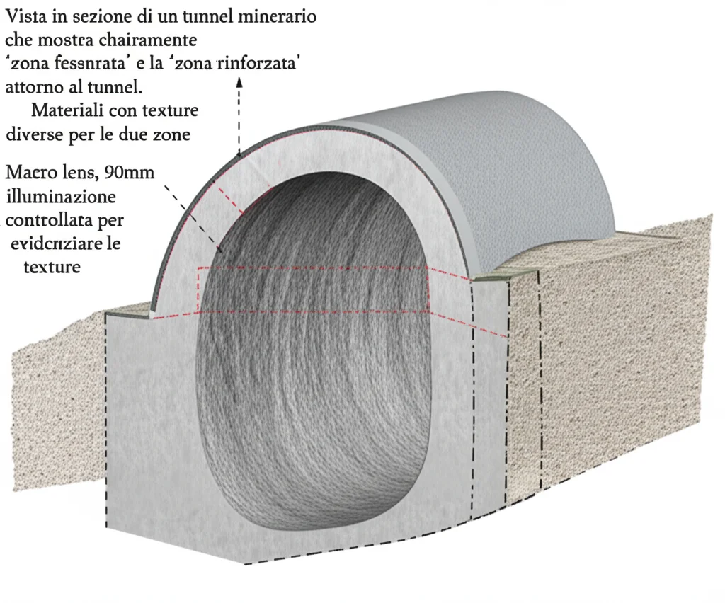Vista in sezione di un tunnel minerario che mostra chiaramente la 'zona fessurata' e la 'zona rinforzata' attorno al tunnel. Materiali con texture diverse per le due zone. Macro lens, 90mm, high detail, illuminazione controllata per evidenziare le texture.