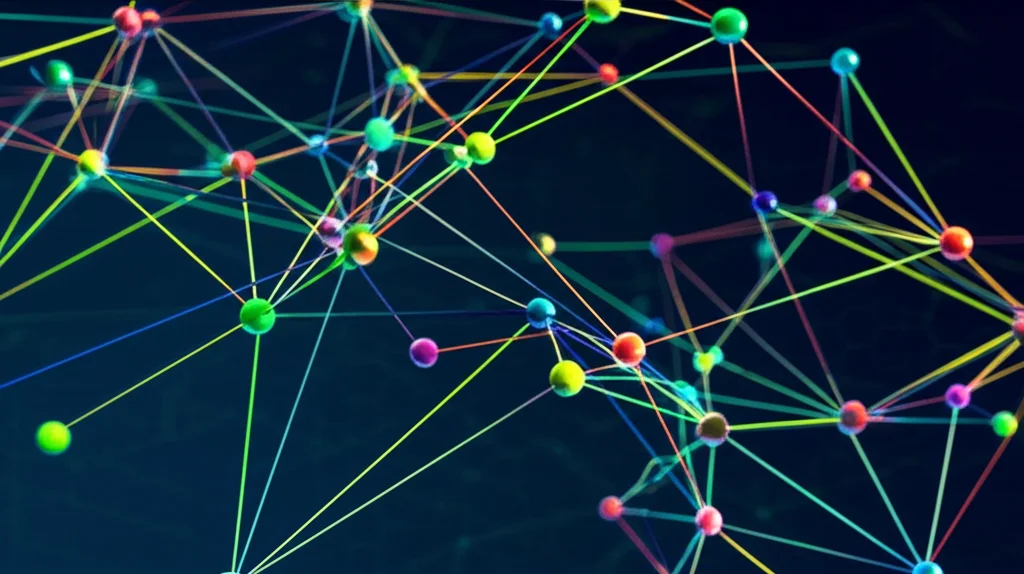 Visualizzazione 3D astratta di una rete di interazione proteica o genica, con nodi luminosi colorati che rappresentano geni/proteine e linee che collegano i nodi, su uno sfondo scuro high-tech, illuminazione drammatica per enfatizzare la complessità, obiettivo 35mm per una visione d'insieme.