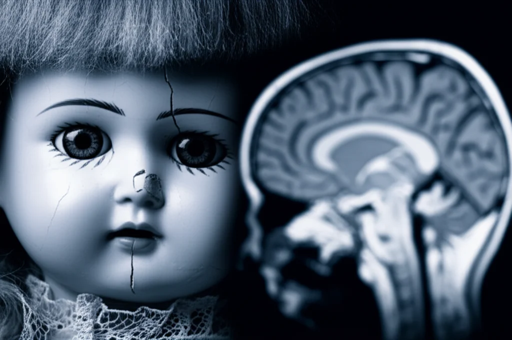 Un primo piano macro, con obiettivo da 85mm, del volto incrinato di una bambola di porcellana, a simboleggiare il trauma infantile. Sullo sfondo, leggermente sfocata, una scansione cerebrale. L'immagine è in bicromia blu e grigia, con una marcata profondità di campo per enfatizzare il soggetto principale.