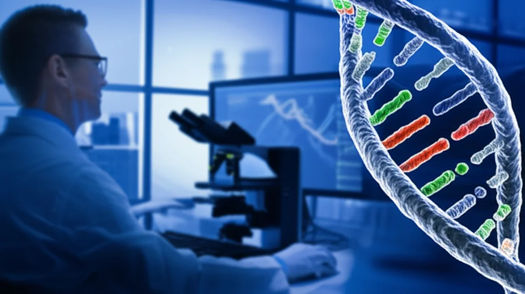 Visualizzazione concettuale di un laboratorio di genetica con uno scienziato che analizza sequenze di DNA su un monitor. In primo piano, una rappresentazione artistica di una doppia elica di DNA con specifiche regioni (geni MHC) evidenziate in colori brillanti. Illuminazione controllata, obiettivo macro 60mm per dettagli nitidi sulle strutture del DNA.