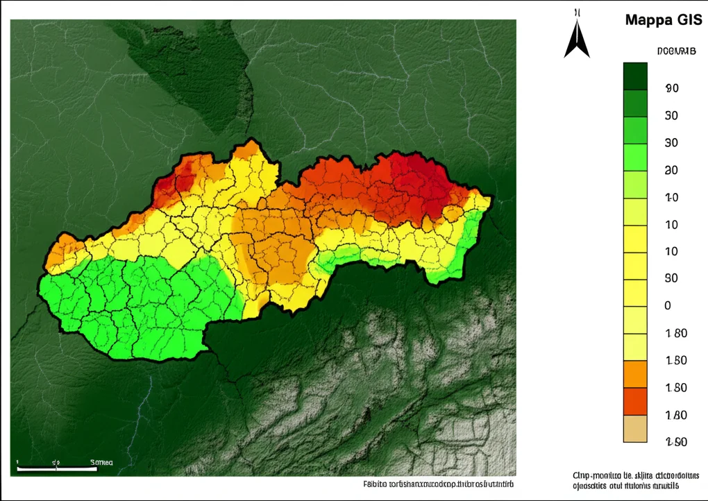 Mappa GIS della regione di Banská Bystrica che mostra la distribuzione spaziale del rischio siccità, con una legenda a colori chiara che indica i livelli da molto basso a molto alto. Ripresa dall'alto, stile infografica scientifica, con dettagli nitidi sulle zone geografiche e confini amministrativi. Obiettivo grandangolare 20mm, messa a fuoco nitida su tutta la mappa.