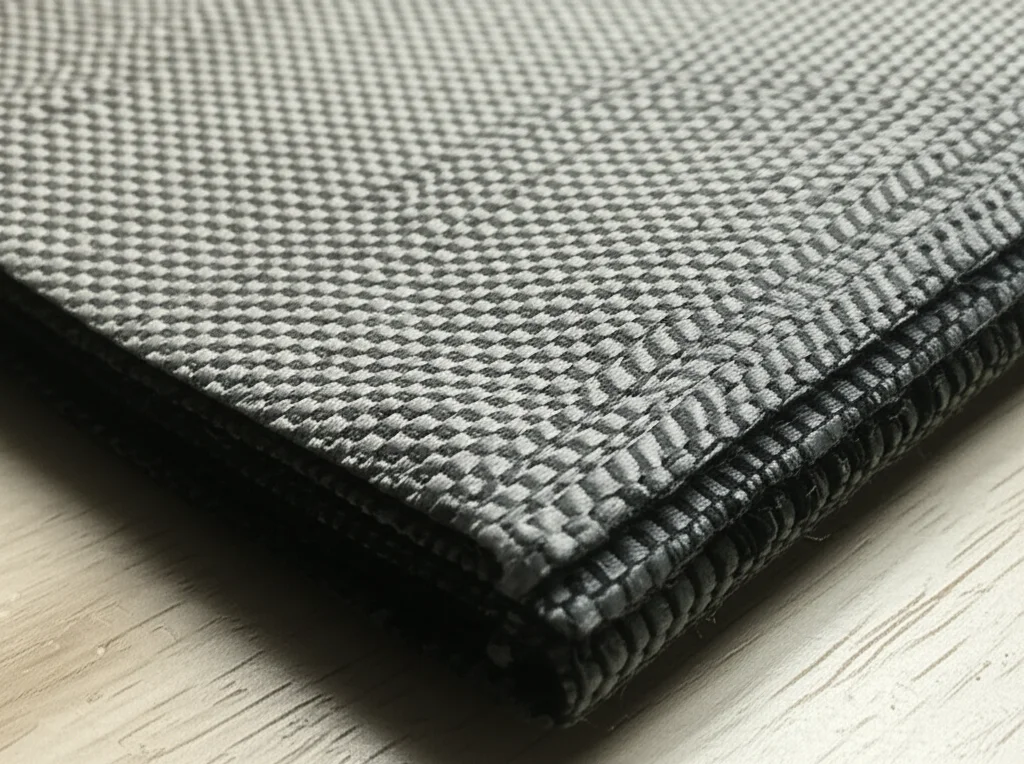 Primo piano di diversi campioni di tessuto tecnico con trame differenti (nido d'ape, huck-a-back, twill) disposti su un tavolo da laboratorio, illuminazione laterale per enfatizzare la struttura tridimensionale delle armature, obiettivo macro 60mm, messa a fuoco precisa sui dettagli delle fibre, ambiente di test scientifico.