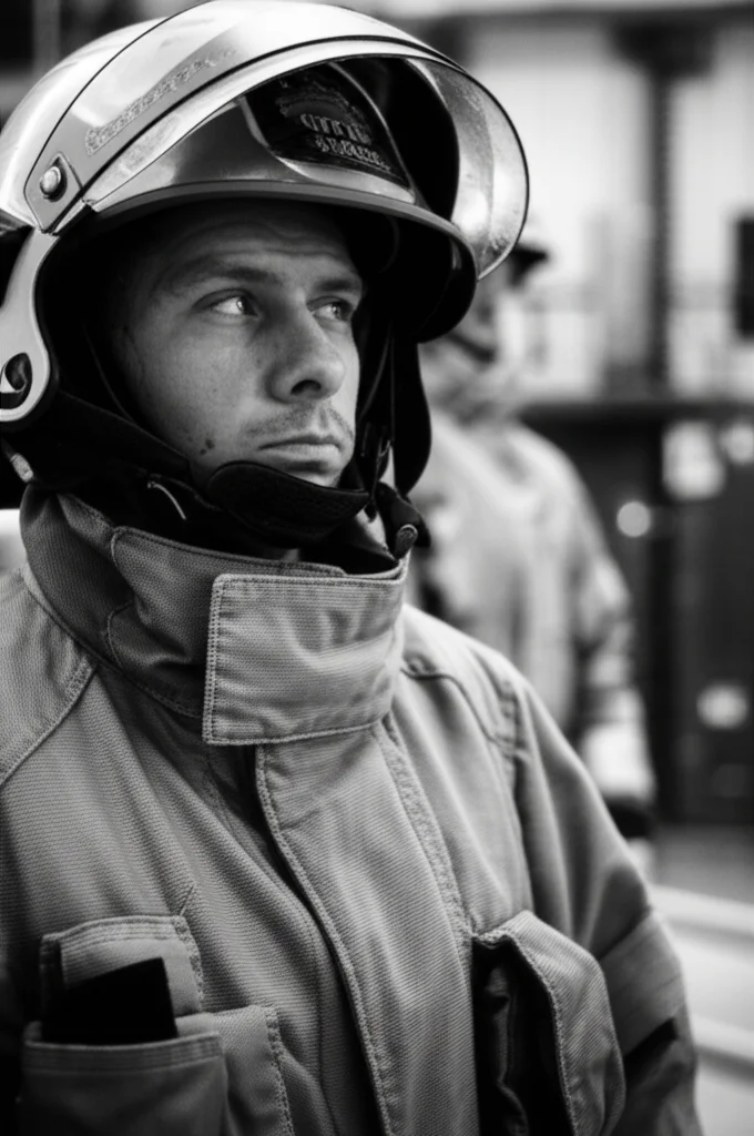 Ritratto di un vigile del fuoco che indossa una tuta protettiva innovativa, espressione concentrata ma confortevole, sfondo di un ambiente di addestramento con attrezzature antincendio, obiettivo 35mm, film noir in bianco e nero con leggero contrasto, profondità di campo che isola il soggetto.