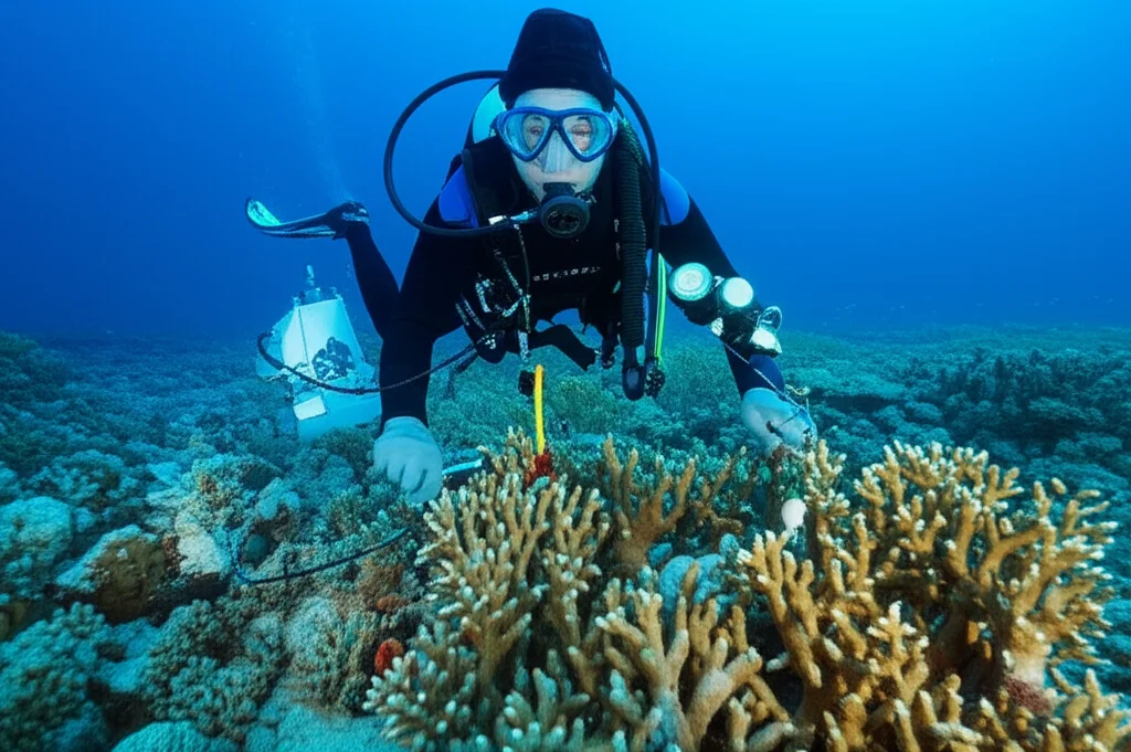 Fotografia subacquea, obiettivo grandangolare 24mm, di un ricercatore subacqueo che esamina attentamente una colonia di corallo Siderastrea siderea a 15 metri di profondità a Curaçao. Luce naturale soffusa tipica della profondità, con visibilità dell'attrezzatura scientifica per il campionamento.