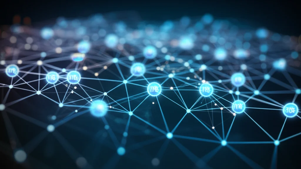 Un'immagine concettuale che rappresenta la trasformazione di dati tabellari disordinati in una rete strutturata di informazioni interconnesse, simboleggiando le tecnologie del Semantic Web. Macro lens, 80mm, high detail, precise focusing, controlled lighting, con nodi luminosi e connessioni che formano un grafo elegante su uno sfondo scuro e tecnologico.