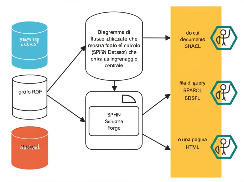 Diagramma di flusso stilizzato che mostra un foglio di calcolo (SPHN Dataset) che entra in un ingranaggio centrale (SPHN Schema Forge) e da cui escono diversi output: un grafo RDF, un documento SHACL, file di query SPARQL e una pagina HTML. Telephoto zoom, 150mm, action tracking per evidenziare il flusso, sfondo neutro e pulito.