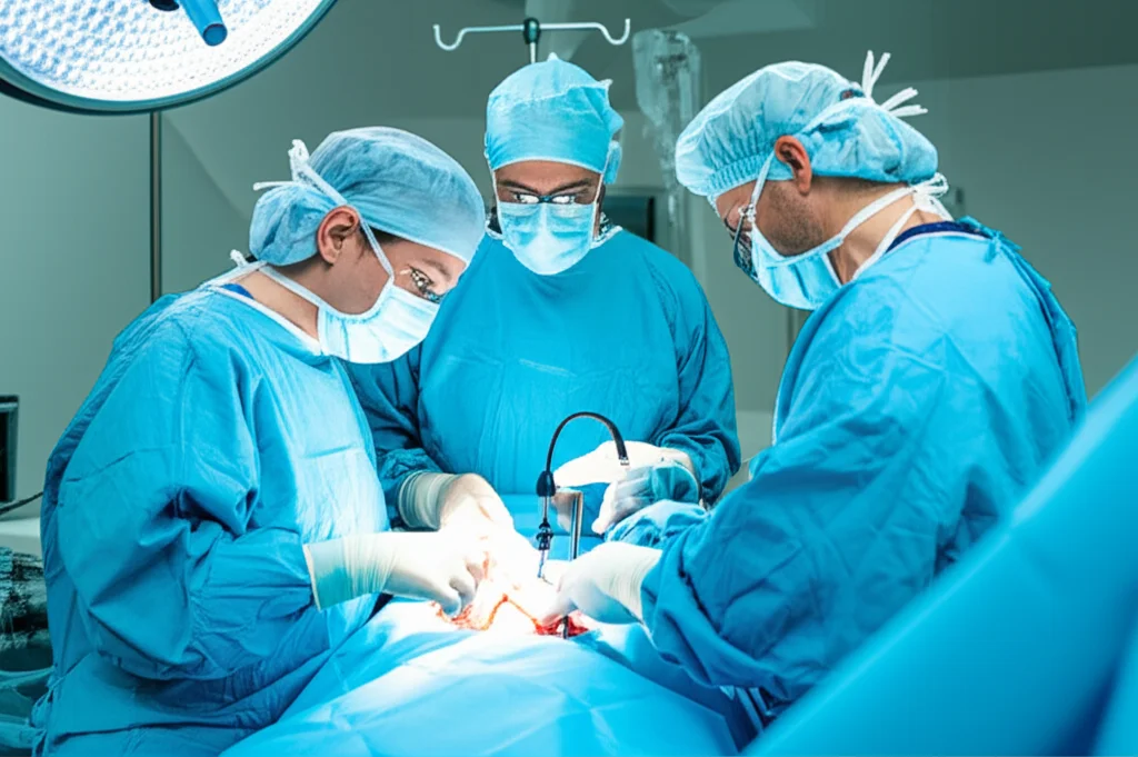 Fotografia di un team chirurgico multidisciplinare (chirurgo, anestesista, infermieri) in una sala operatoria moderna, intenti a eseguire una resezione pancreatica. Teleobiettivo zoom 100-400mm, scatto rapido per congelare il movimento, tracciamento dell'azione sulle mani del chirurgo principale, luce ambientale soffusa con forte illuminazione sul campo operatorio, a simboleggiare la collaborazione e la precisione necessarie.